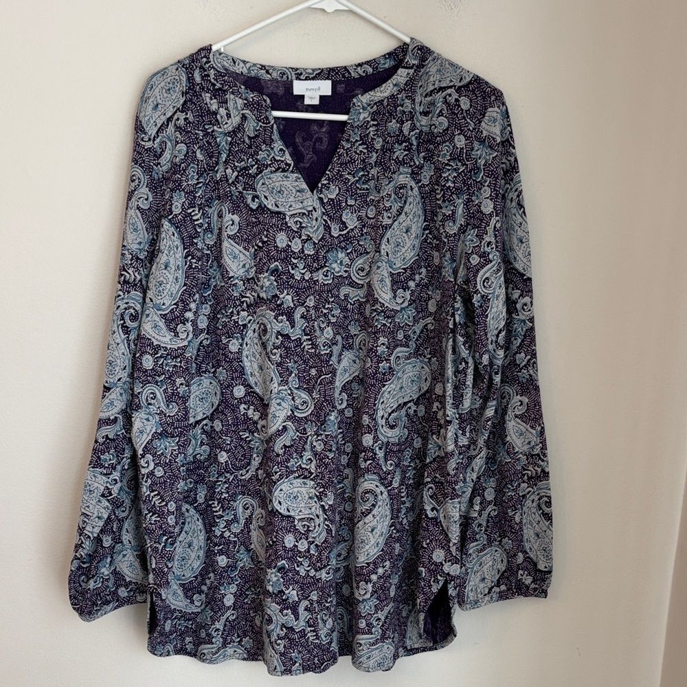 J. Jill Paisley Print tunic v-neck purple blue white Women's Top shirt Large EUC